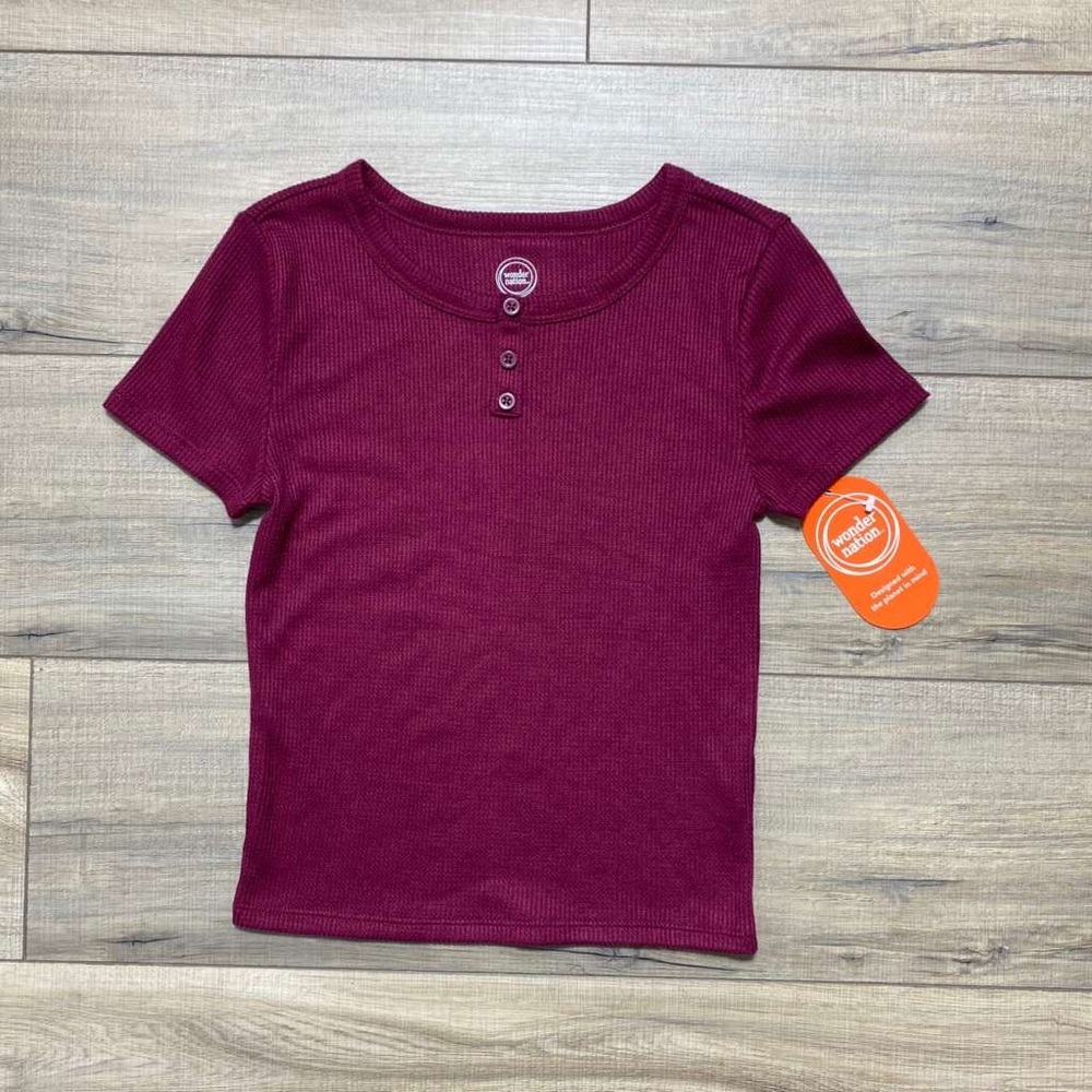 Wonder Nation Girls Short Sleeve Waffle Henley Tee Size M (7-8) Burgundy